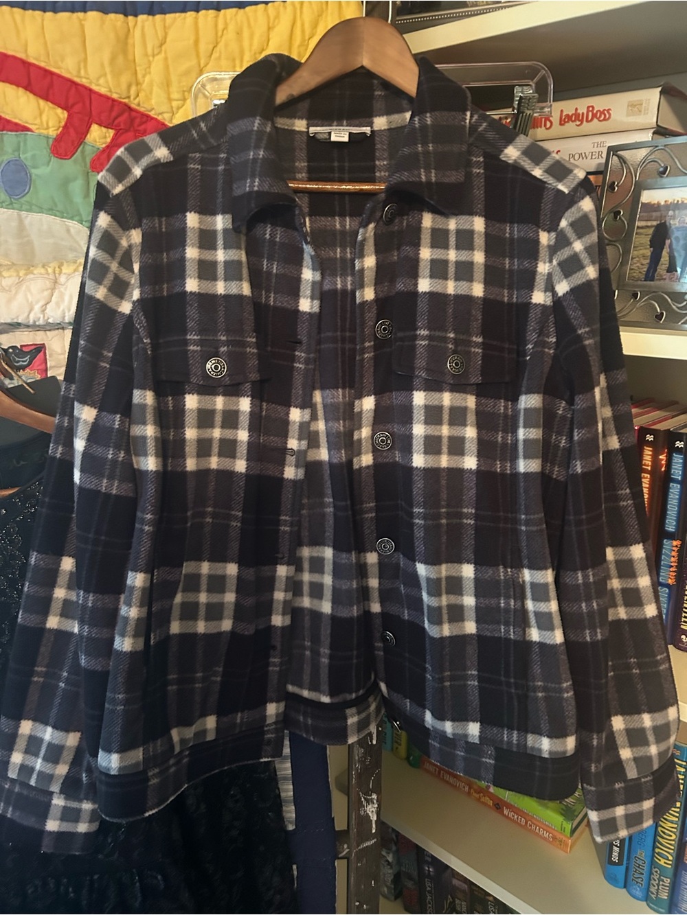 Isaac Mizrahi Navy and White Plaid Button-Front Jean Jacket